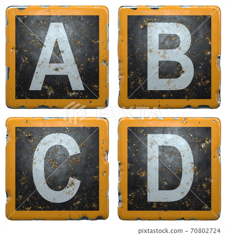 Public road sign orange and black color with a capital set of letters A, B, C. D in the center isolated on white background. 3d 70802724