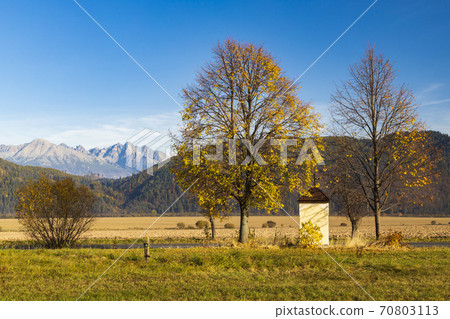 chapel with a tree in Low Tatras with background High Tatras, Slovakia chapel with a tree in Low Tatras with background High Tatras, Slovakia 70803113
