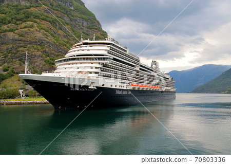The starting point of the Sognefjord cruise between Flåm and Gudvangen, Norway, the large bow 4 at the port of Flåm The starting point of the Sognefjord cruise between Flåm and Gudvangen, Norway, the large bow 4 at the port of Flåm 70803336