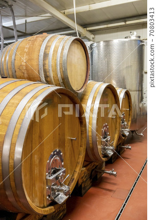 wine cellar with wooden barrels, Southern Moravia, Czech Republic 70803413