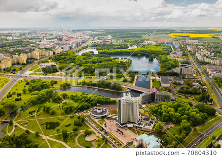 Top view of the victory Park in Minsk and the Svisloch river.A bird's-eye view of the city of Minsk and the Park complex.Belarus 70804310