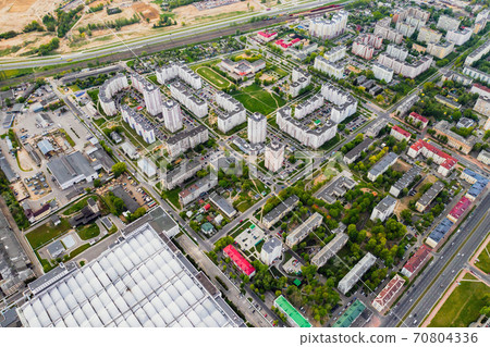 View from the height of an industrial plant and a residential complex in a residential area of Minsk, the city and the Factory quarter.Belarus 70804336