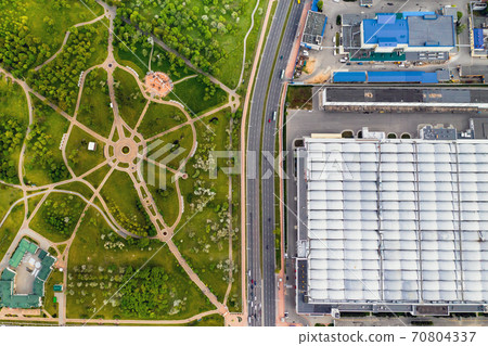 View from the height of the industrial plant and Loshitsky Park in a residential area of Minsk, spring Loshitsky Park and factory quarter.Belarus 70804337