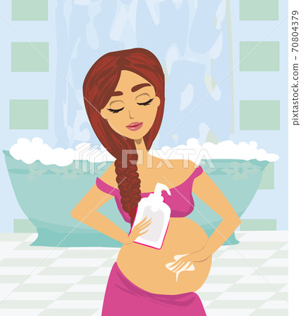 Pregnant woman lubricates the stomach remedy against stretch marks 70804379
