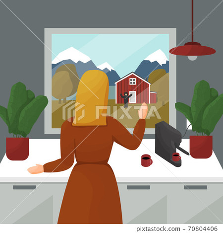 Cartoon vector woman from the kitchen with coffee machine and cups is looking to the window and waving hand to neighbor. It is autumn or winter, there are trees, river, mountains and wooden red house 70804406