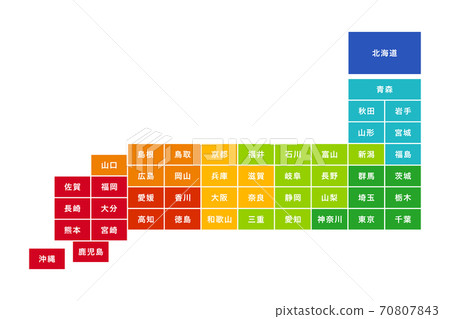 日本地圖由縣地圖彩色白色背景，矢量插圖素材 70807843