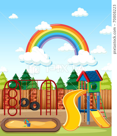 Kids playground in the park with rainbow in the sky at daytime cartoon style Kids playground in the park with rainbow in the sky at daytime cartoon style 70808223