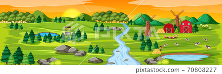 Farm nature with barns landscape at sunset scene 70808227