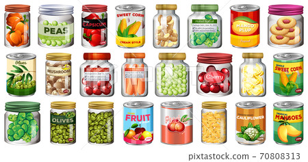 Set of different canned food and food in jars isolated Set of different canned food and food in jars isolated 70808313