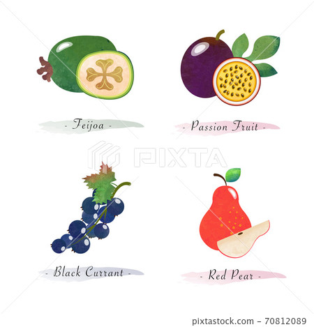 Organic nature healthy food fruit feijoa passion fruit black currant red pear Organic nature healthy food fruit feijoa passion fruit black currant red pear 70812089