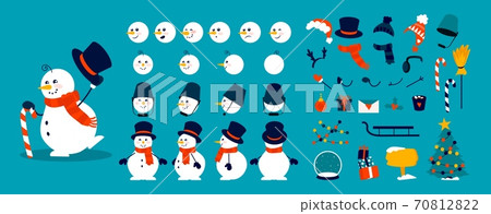 Snowman animation kit. Christmas construction elements, combinations of heads, body and arms in different poses. Winter hats, scarves and objects decorating snow figures, vector set 70812822