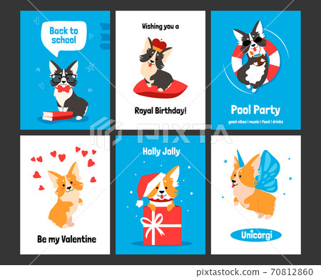 Corgi greeting card. Cartoon dog on banners. Smiling animals with comic emotions. Posters and invitations with puppy, funny celebration text and holidays wishes. Vector postcards set Corgi greeting card. Cartoon dog on banners. Smiling animals with comic emotions. Posters and invitations with puppy, funny celebration text and holidays wishes. Vector postcards set 70812860