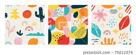 Contemporary shape pattern. Seamless abstract doodle square collage for social media posts and stories. Bright colorful organic forms leaves and flowers vector trendy geometric texture set 70812874