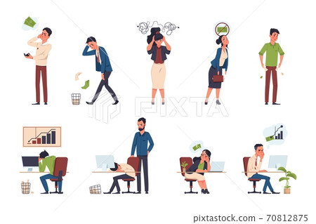 Bankruptcy. Financial trouble concepts. People with outstanding payments, debts or bank loans. Stressed office workers with economic, business problems. Vector poverty isolated set Bankruptcy. Financial trouble concepts. People with outstanding payments, debts or bank loans. Stressed office workers with economic, business problems. Vector poverty isolated set 70812875