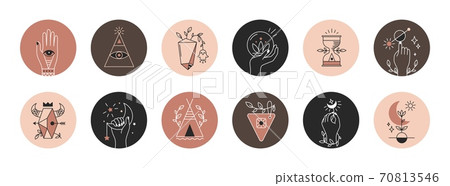 Mystical highlights. Collection spiritual icons with moon alchemy, hands and eyes. Boho social media post covers, astrological and mythological elements. Vector magic ornamental set 70813546