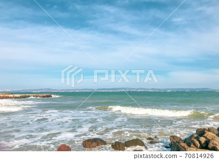 Panoramic View Of The Empty Beach And Waves. Pomorie, Bulgaria. Panoramic View Of The Empty Beach And Waves. Pomorie, Bulgaria. 70814926