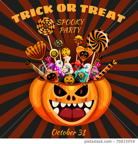 Halloween Trick or Treat Pumpkin Bag basket full of Candies and Sweets. Autumn october holiday tradition celebration banner poster template. Vector illustration isolated Halloween Trick or Treat Pumpkin Bag basket full of Candies and Sweets. Autumn october holiday tradition celebration banner poster template. Vector illustration isolated 70815059