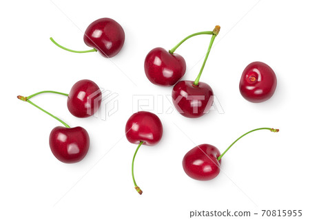 red sweet cherry isolated on white background with clipping path . Top view. Flat lay red sweet cherry isolated on white background with clipping path . Top view. Flat lay 70815955