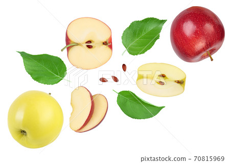 yellow apple half isolated on white background with clipping path and full depth of field. Top view. Flat lay. yellow apple half isolated on white background with clipping path and full depth of field. Top view. Flat lay. 70815969