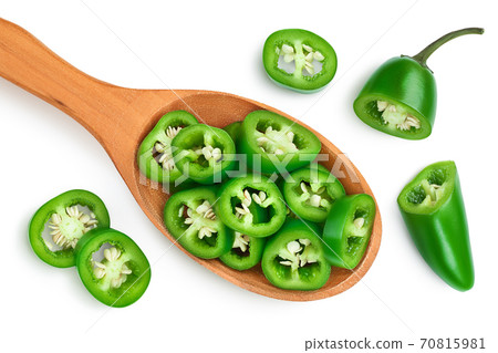 sliced jalapeno pepper in wooden bowl isolated on white background. Green chili pepper with clipping path. Top view. Flat lay 70815981
