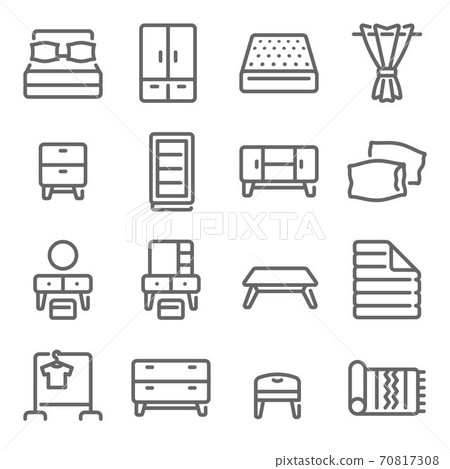Bedroom furniture icon illustration vector set. Contains such icon as Bed, Mattress, Blanket, Carpet, Dressing table, clothes line, and more. Expanded Stroke 70817308