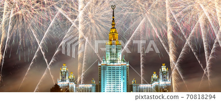 Fireworks over the Lomonosov Moscow State University on Sparrow Hills (at night), main building, Russia. Fireworks over the Lomonosov Moscow State University on Sparrow Hills (at night), main building, Russia. 70818294