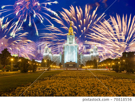 Fireworks over the Lomonosov Moscow State University on Sparrow Hills (at night), main building, Russia. Fireworks over the Lomonosov Moscow State University on Sparrow Hills (at night), main building, Russia. 70818556