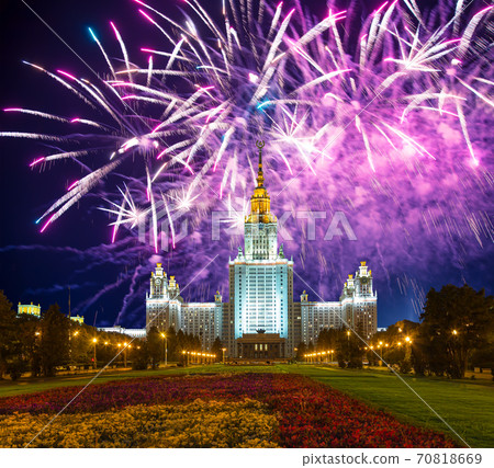 Fireworks over the Lomonosov Moscow State University on Sparrow Hills (at night), main building, Russia. 70818669