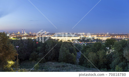 view of central Moscow from Sparrow Hills or Vorobyovy Gory observation (viewing) platform at sunset-- is on a steep bank 85 m above the Moskva river, or 200 m above sea level. Russia view of central Moscow from Sparrow Hills or Vorobyovy Gory observation (viewing) platform at sunset-- is on a steep bank 85 m above the Moskva river, or 200 m above sea level. Russia 70818780