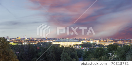 view of central Moscow from Sparrow Hills or Vorobyovy Gory observation (viewing) platform at sunset-- is on a steep bank 85 m above the Moskva river, or 200 m above sea level. Russia view of central Moscow from Sparrow Hills or Vorobyovy Gory observation (viewing) platform at sunset-- is on a steep bank 85 m above the Moskva river, or 200 m above sea level. Russia 70818781