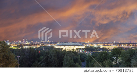 view of central Moscow from Sparrow Hills or Vorobyovy Gory observation (viewing) platform at sunset-- is on a steep bank 85 m above the Moskva river, or 200 m above sea level. Russia view of central Moscow from Sparrow Hills or Vorobyovy Gory observation (viewing) platform at sunset-- is on a steep bank 85 m above the Moskva river, or 200 m above sea level. Russia 70818785