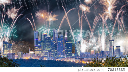 Fireworks over the Moscow city from Sparrow Hills or Vorobyovy Gory observation platform-- is on a steep bank 85 m above the Moskva river, or 200 m above sea level. Russia 70818885