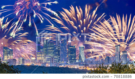 Fireworks over the Moscow city from Sparrow Hills or Vorobyovy Gory observation platform-- is on a steep bank 85 m above the Moskva river, or 200 m above sea level. Russia 70818886