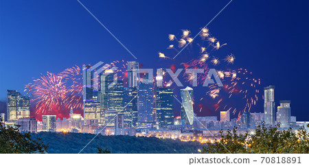 Fireworks over the Moscow city from Sparrow Hills or Vorobyovy Gory observation platform-- is on a steep bank 85 m above the Moskva river, or 200 m above sea level. Russia 70818891