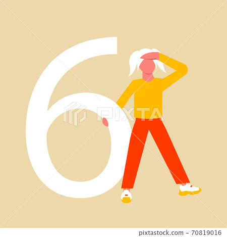 Number six. A girl with ponytail in search of self-identification. The girl is holding on large number six. A flat cartoon character with numbers. Vector illustration. Eps 10. Number six. A girl with ponytail in search of self-identification. The girl is holding on large number six. A flat cartoon character with numbers. Vector illustration. Eps 10. 70819016