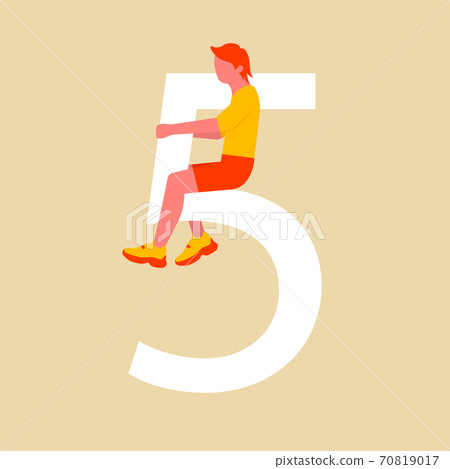 Number five. A man sits on a large number five like a rider. A flat cartoon character with numbers. Vector illustration. Eps 10 70819017