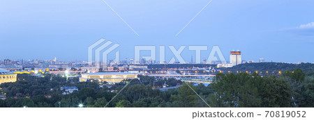 view of central Moscow from Sparrow Hills or Vorobyovy Gory observation (viewing) platform at sunset-- is on a steep bank 85 m above the Moskva river, or 200 m above sea level. Russia view of central Moscow from Sparrow Hills or Vorobyovy Gory observation (viewing) platform at sunset-- is on a steep bank 85 m above the Moskva river, or 200 m above sea level. Russia 70819052