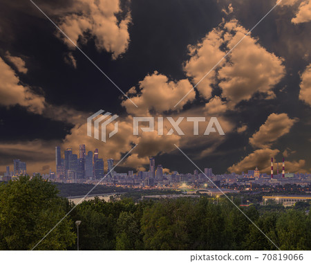 view of central Moscow from Sparrow Hills or Vorobyovy Gory observation (viewing) platform at sunset-- is on a steep bank 85 m above the Moskva river, or 200 m above sea level. Russia 70819066