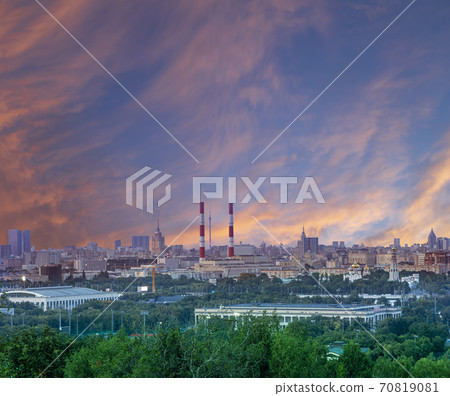 view of central Moscow from Sparrow Hills or Vorobyovy Gory observation (viewing) platform at sunset-- is on a steep bank 85 m above the Moskva river, or 200 m above sea level. Russia view of central Moscow from Sparrow Hills or Vorobyovy Gory observation (viewing) platform at sunset-- is on a steep bank 85 m above the Moskva river, or 200 m above sea level. Russia 70819081