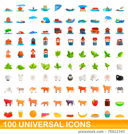 100 universal icons set, cartoon style 100 universal icons set, cartoon style 70822345