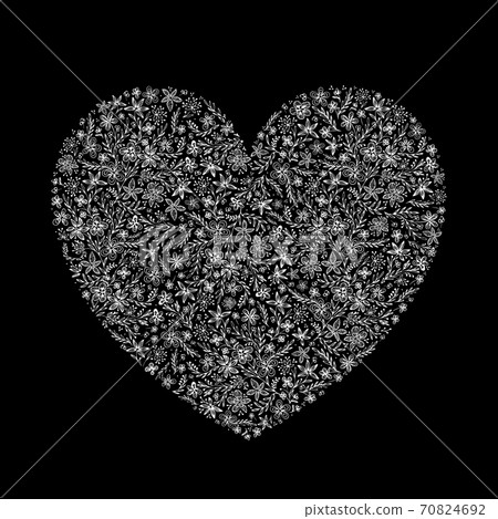 Isolated doodle lacy heart from many hand drawn white contours of abstract flowers and leaves on a black background. Isolated doodle lacy heart from many hand drawn white contours of abstract flowers and leaves on a black background. 70824692