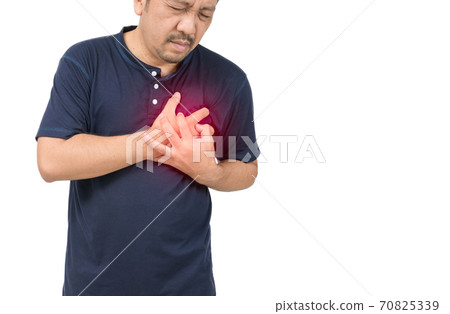 Asian man have chest pain caused by heart disease, heart attack, heart leakage isolated Asian man have chest pain caused by heart disease, heart attack, heart leakage isolated 70825339