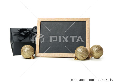 Gift box, baubles and chalkboard isolated on white background Gift box, baubles and chalkboard isolated on white background 70826419