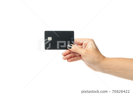Female hand hold black card, isolated on white background 70826422