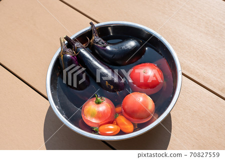 Harvested summer vegetables chilled in a bowl filled with water (July) Home garden 70827559