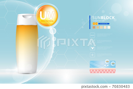 Sunblock ads template, sun protection cosmetic products design with moisturizer cream or liquid, sparkling background with glitter polka, vector design. 70830483