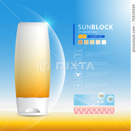 Sunblock ads template, sun protection cosmetic products design with moisturizer cream or liquid, sparkling background with glitter polka, vector design. Sunblock ads template, sun protection cosmetic products design with moisturizer cream or liquid, sparkling background with glitter polka, vector design. 70830484