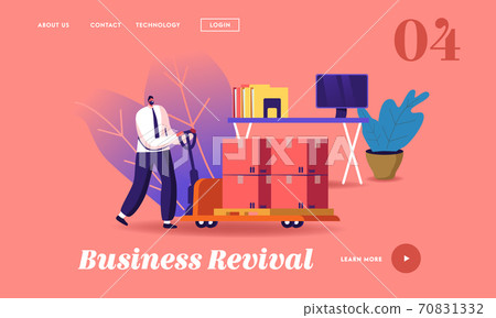 Business Revival Landing Page Template. Businessman Pushing Trolley with Cargo Boxes near Office Desk with Computer Business Revival Landing Page Template. Businessman Pushing Trolley with Cargo Boxes near Office Desk with Computer 70831332