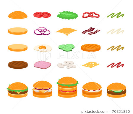 Cartoon Color Different Burger Ingredients Icons Set. Vector 70831850