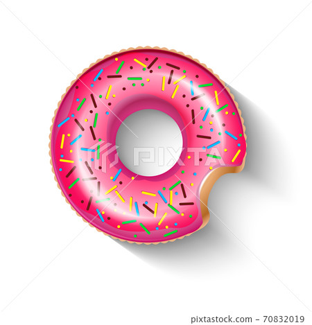Float doughnut ring icon. Inflatable circle in shape of pink doughnut with shadow isolated on white.  Realistic summertime illustration. Vector template for your summertime design. 70832019